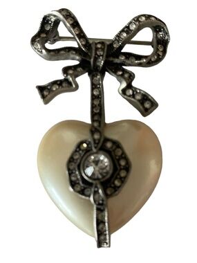 Joan Rivers Vintage Bow & Heart Pearl Drop Brooch - Ivory and Silver Tone-2x1.25
